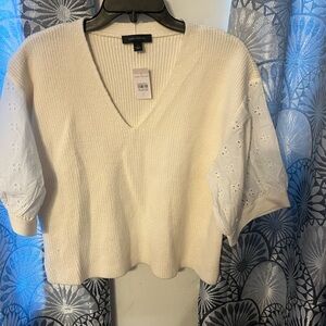 Ann Taylor Women's V-Neck Sweater in Cream with Eyelet Detail